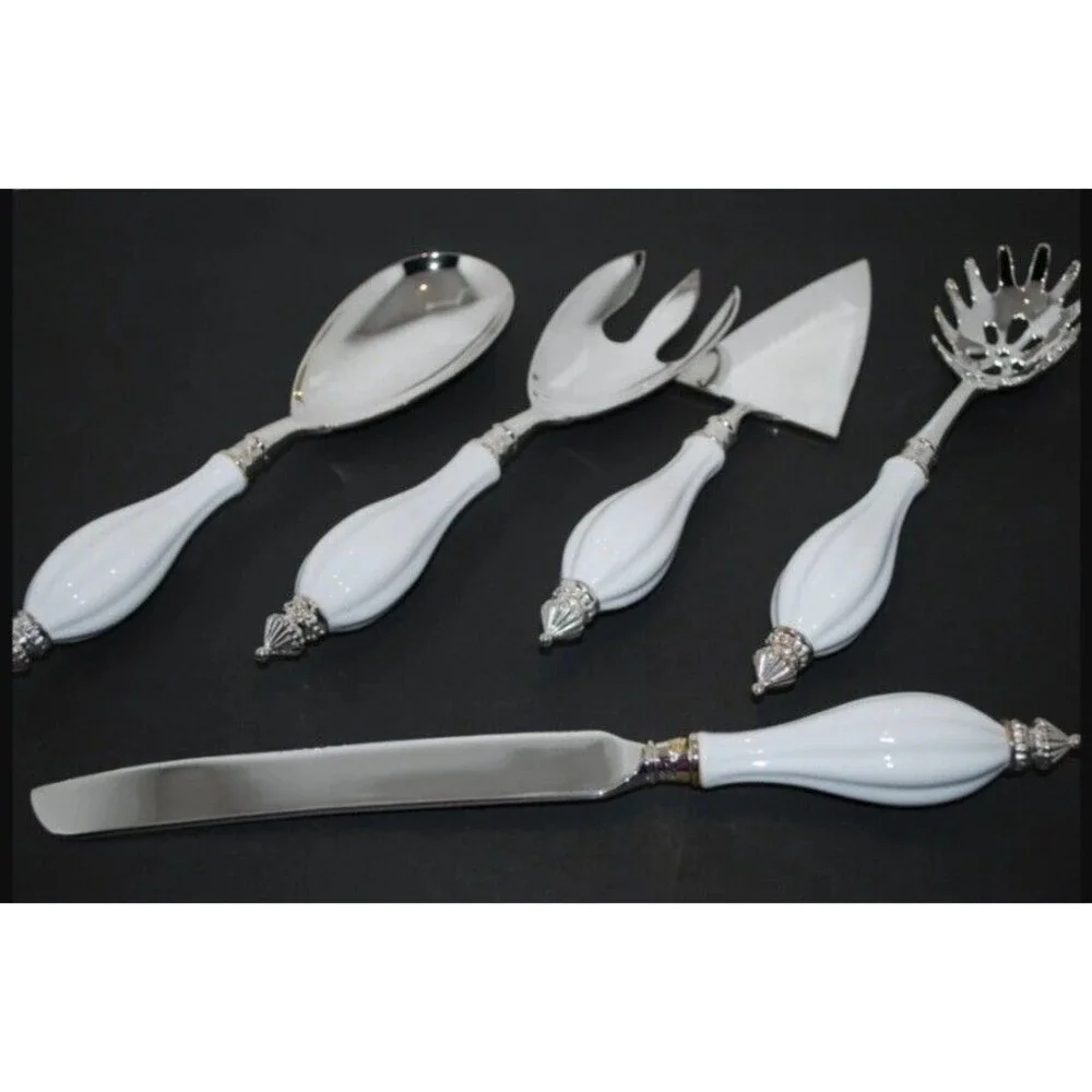 Vintage Godinger Silver Plated White Porcelain Handle Server Utensil 5 Pc. Set